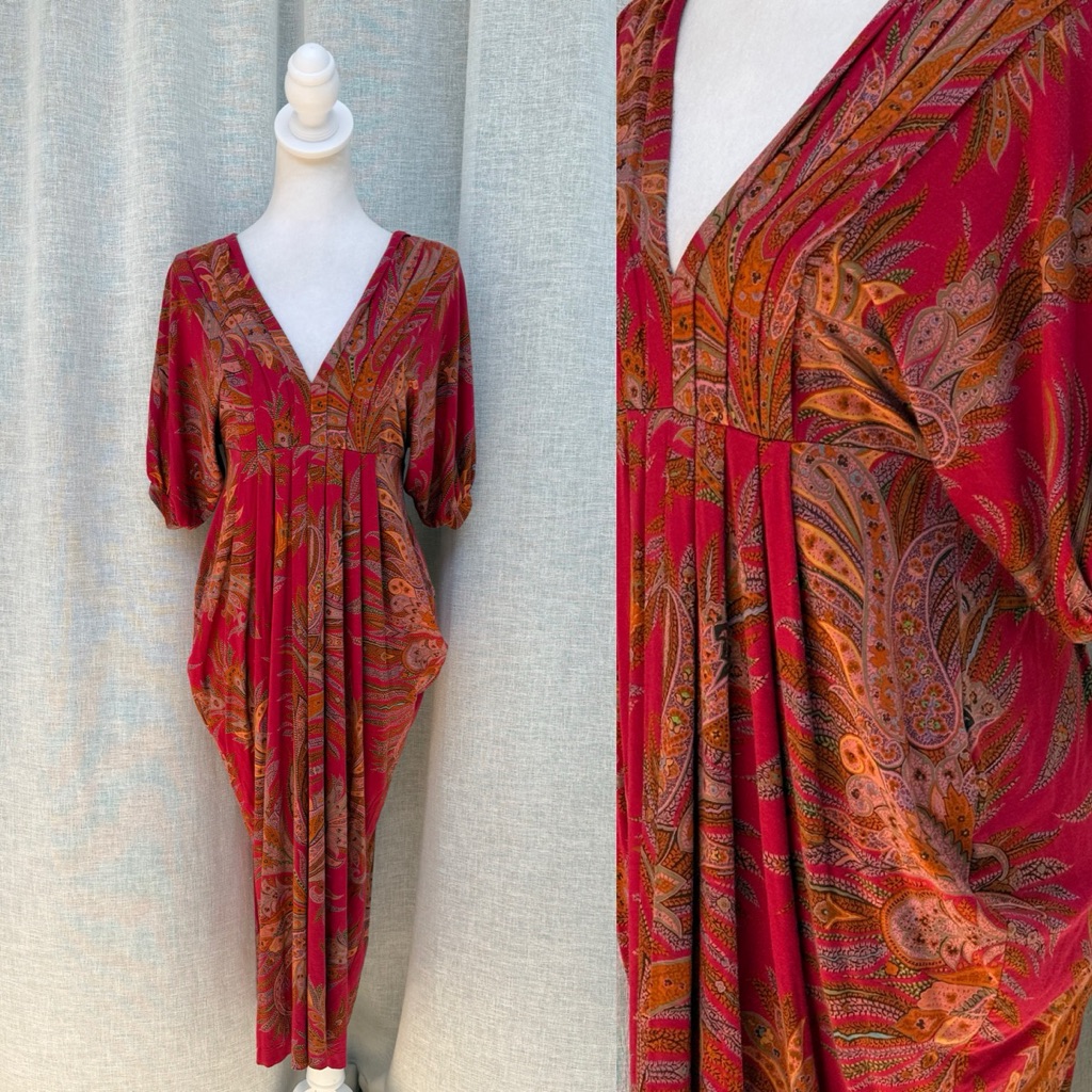 Etro Milano Red Short Sleeve Paisley Midi Dress
